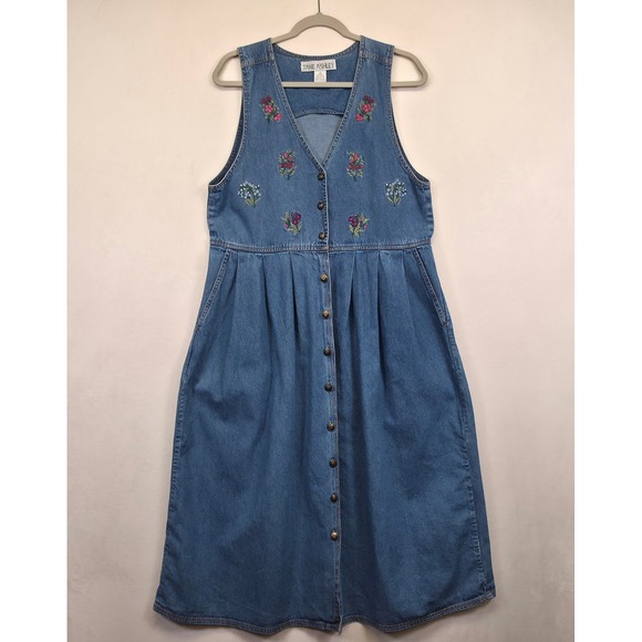 Jane Ashley Denim Dress Women M Blue Floral Embroidered Cottagecore Prairie Midi - Picture 2 of 13